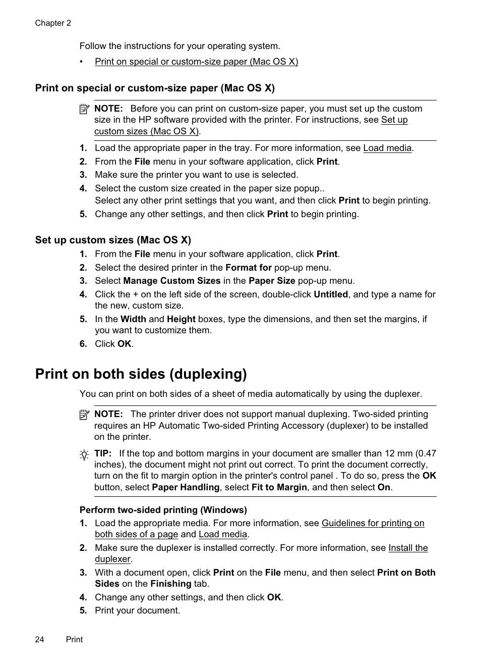 Print on special or custom-size paper (mac os x), Print on both sides (duplexing), E print on both sides (duplexing) | HP Officejet Pro 8000 - A811 User Manual | Page 28 / 110