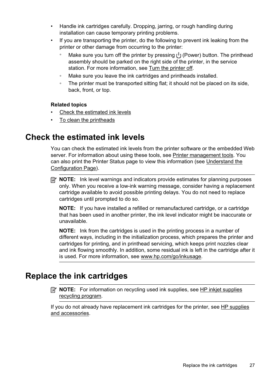 Check the estimated ink levels, Replace the ink cartridges | HP Officejet Pro 8000 - A811 User Manual | Page 31 / 110