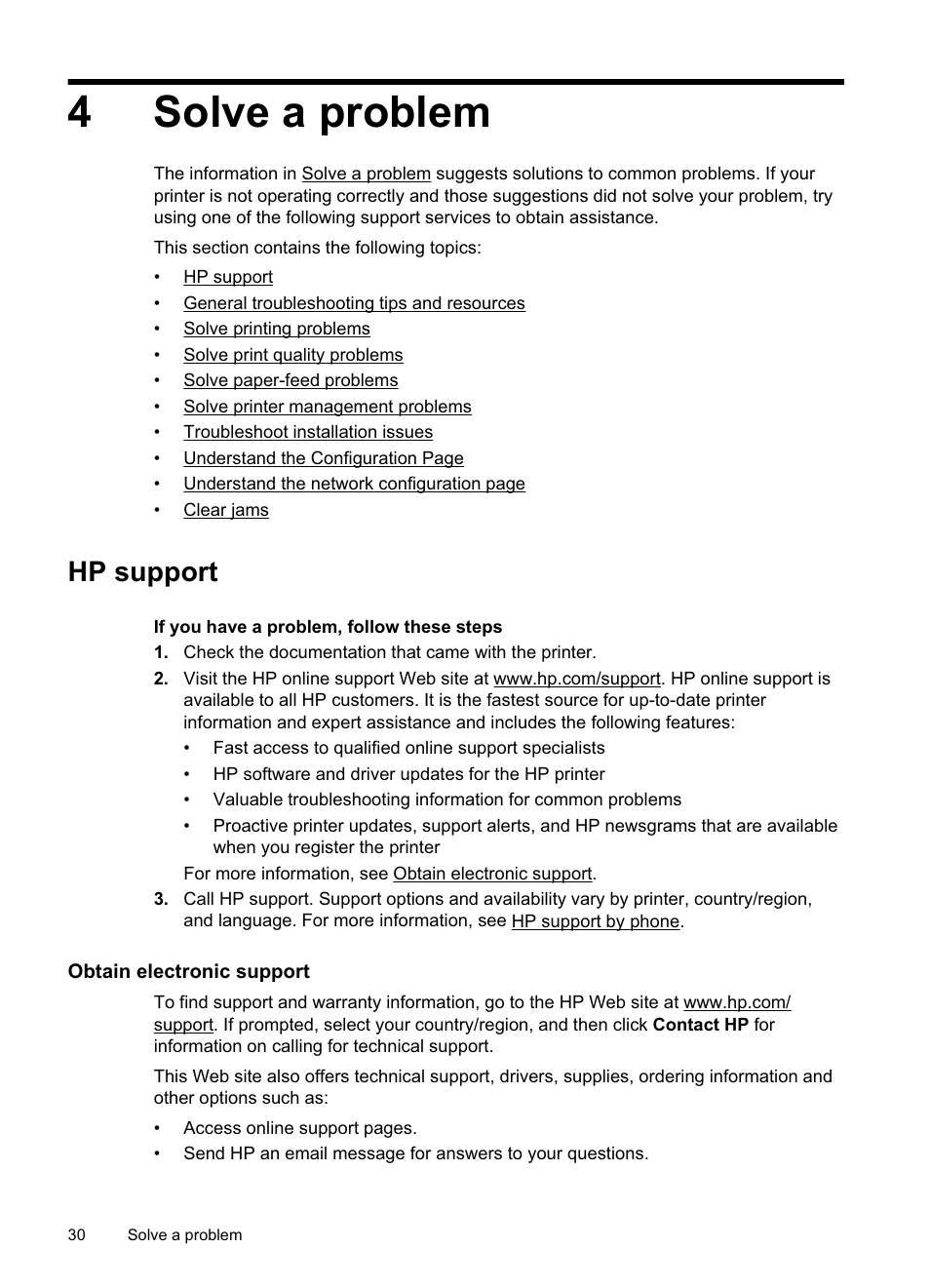 Solve a problem, Hp support, Obtain electronic support | Solve a problem hp support, Obtain electronic support hp support by phone, 4solve a problem | HP Officejet Pro 8000 - A811 User Manual | Page 34 / 110
