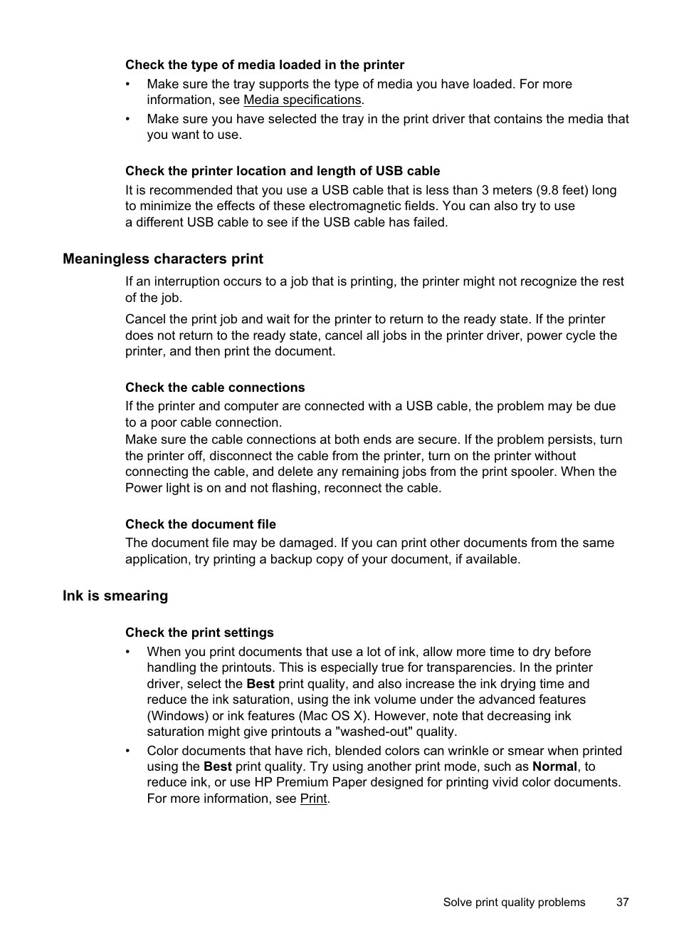 Meaningless characters print, Ink is smearing | HP Officejet Pro 8000 - A811 User Manual | Page 41 / 110