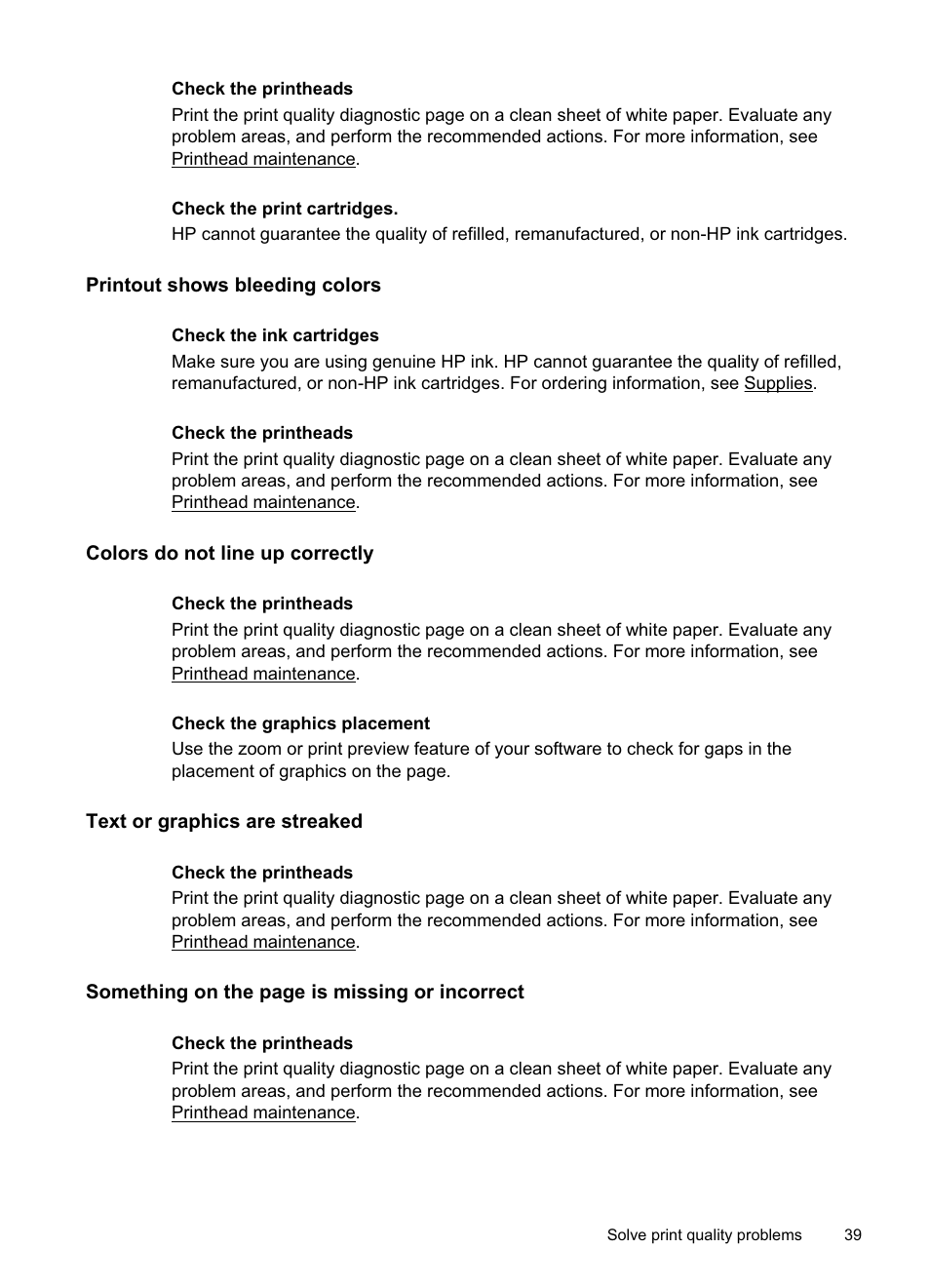 Printout shows bleeding colors, Colors do not line up correctly, Text or graphics are streaked | HP Officejet Pro 8000 - A811 User Manual | Page 43 / 110