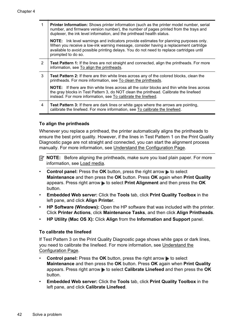 To align the printheads, To calibrate the linefeed | HP Officejet Pro 8000 - A811 User Manual | Page 46 / 110