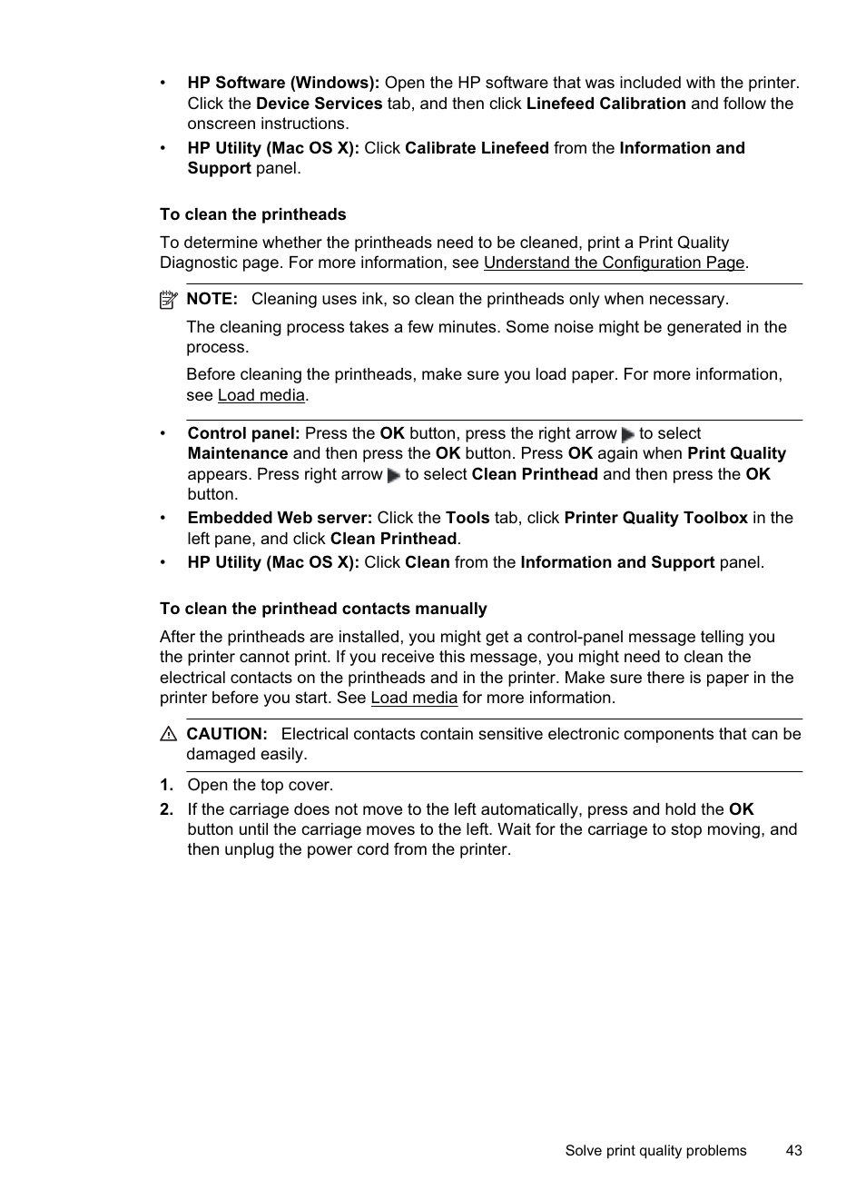 To clean the printheads, To clean the printhead contacts manually | HP Officejet Pro 8000 - A811 User Manual | Page 47 / 110
