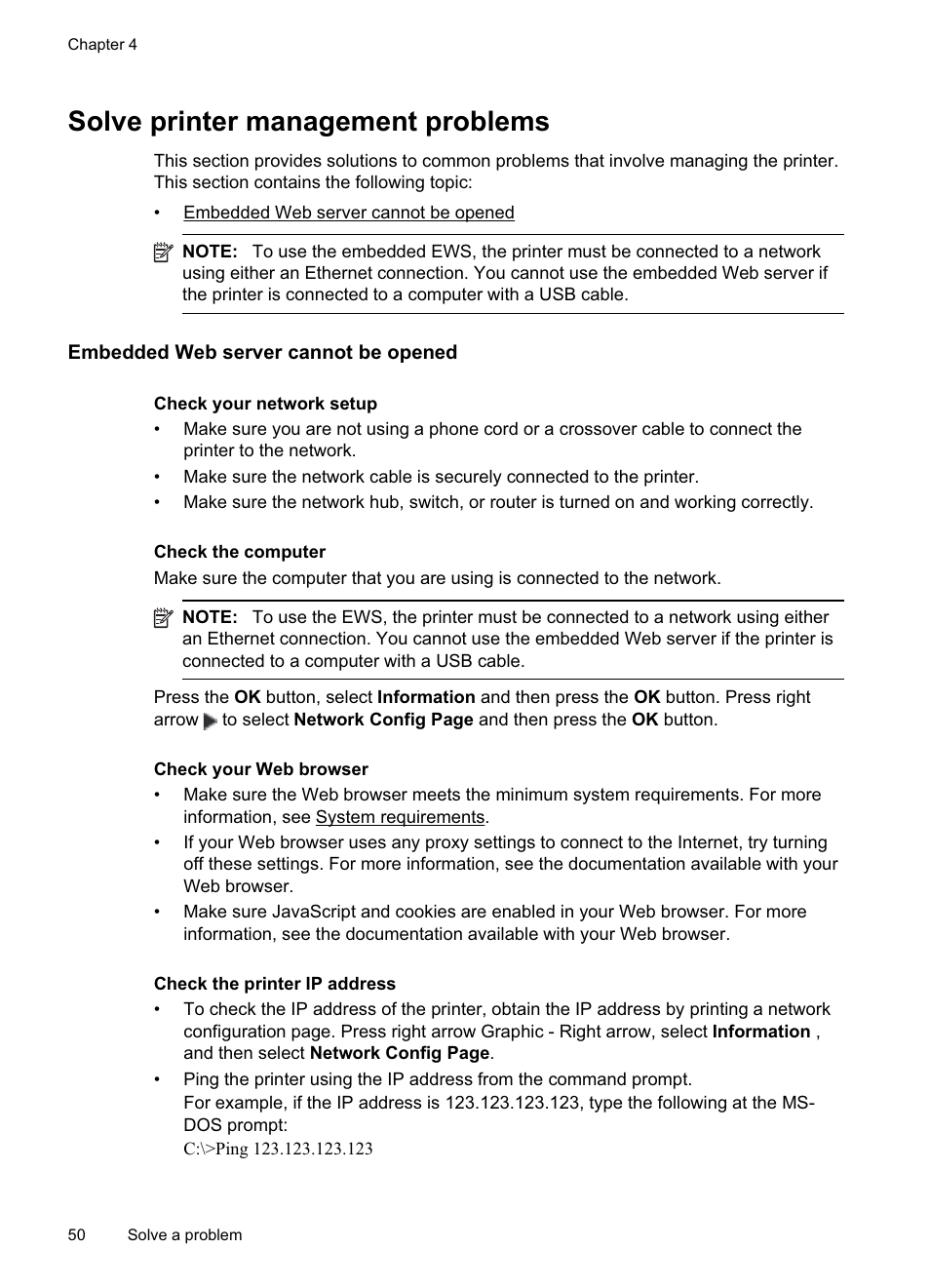 Solve printer management problems, Embedded web server cannot be opened | HP Officejet Pro 8000 - A811 User Manual | Page 54 / 110