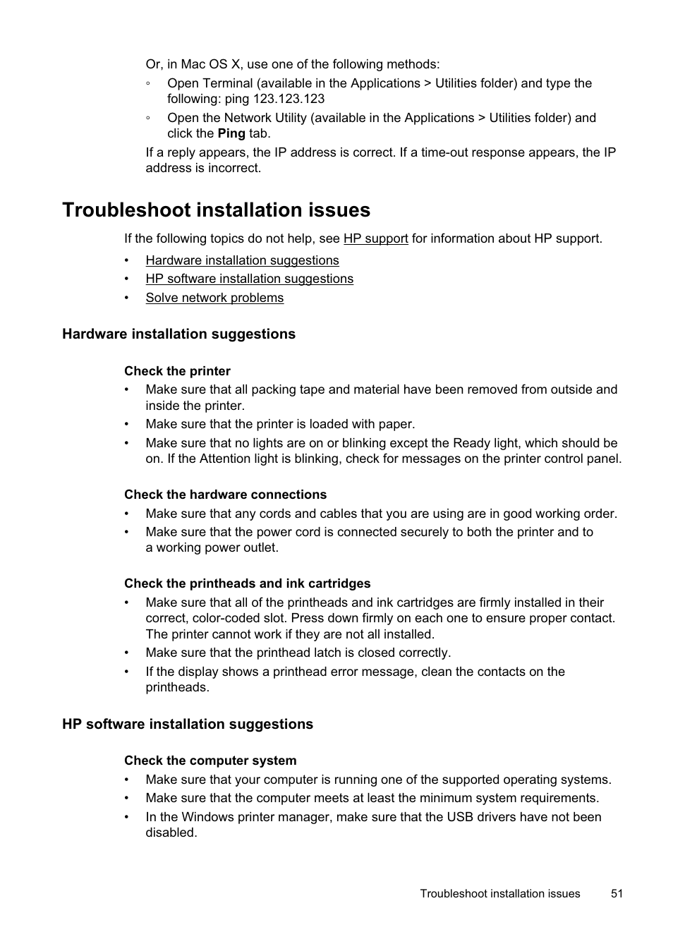 Troubleshoot installation issues, Hardware installation suggestions, Hp software installation suggestions | HP Officejet Pro 8000 - A811 User Manual | Page 55 / 110