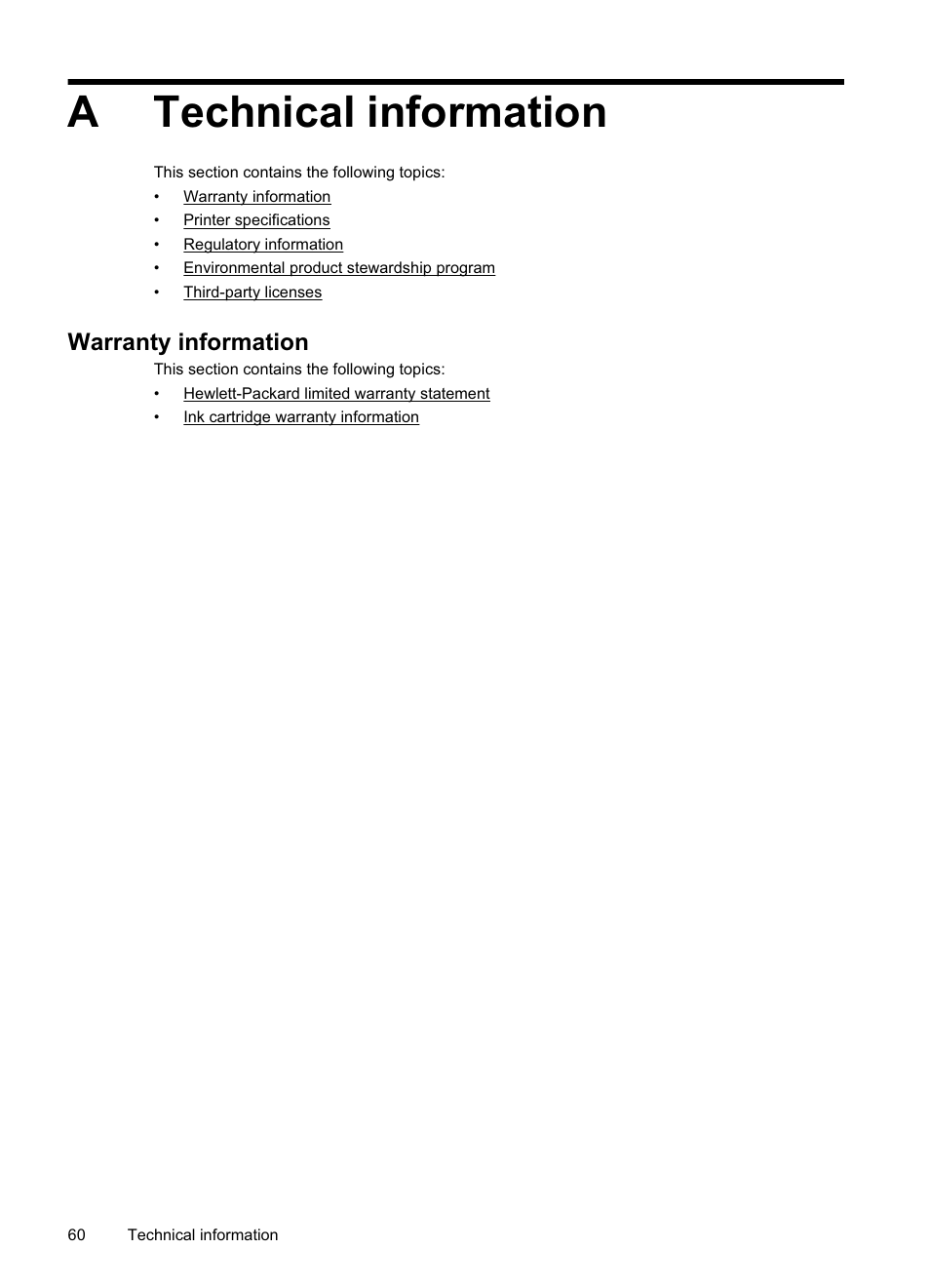 Technical information, Warranty information, Technical information warranty information | Atechnical information | HP Officejet Pro 8000 - A811 User Manual | Page 64 / 110