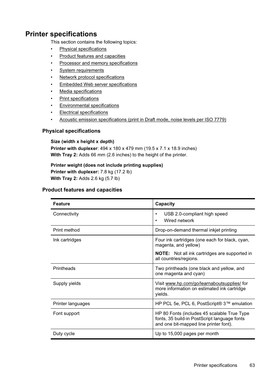 Printer specifications, Physical specifications, Product features and capacities | HP Officejet Pro 8000 - A811 User Manual | Page 67 / 110