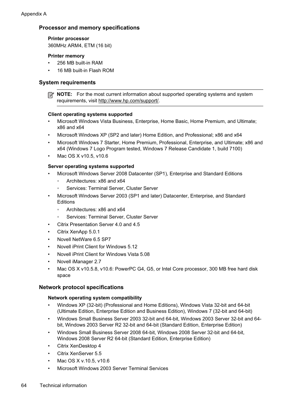 Processor and memory specifications, System requirements, Network protocol specifications | Ation, see system requirements | HP Officejet Pro 8000 - A811 User Manual | Page 68 / 110