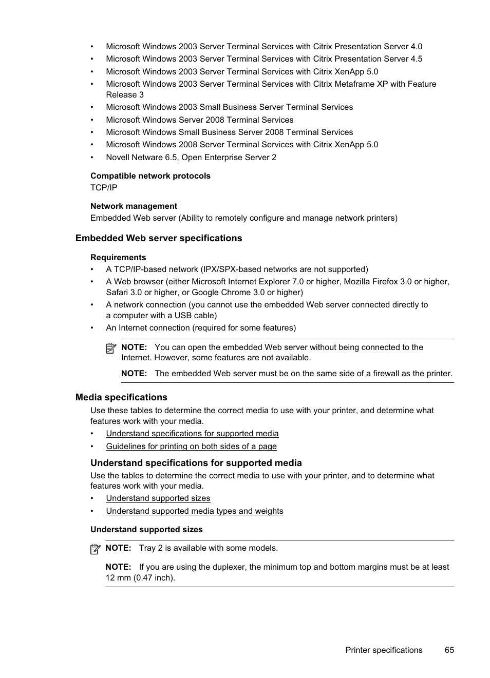 Embedded web server specifications, Media specifications, Understand specifications for supported media | E media specifications, N, see media specifications | HP Officejet Pro 8000 - A811 User Manual | Page 69 / 110