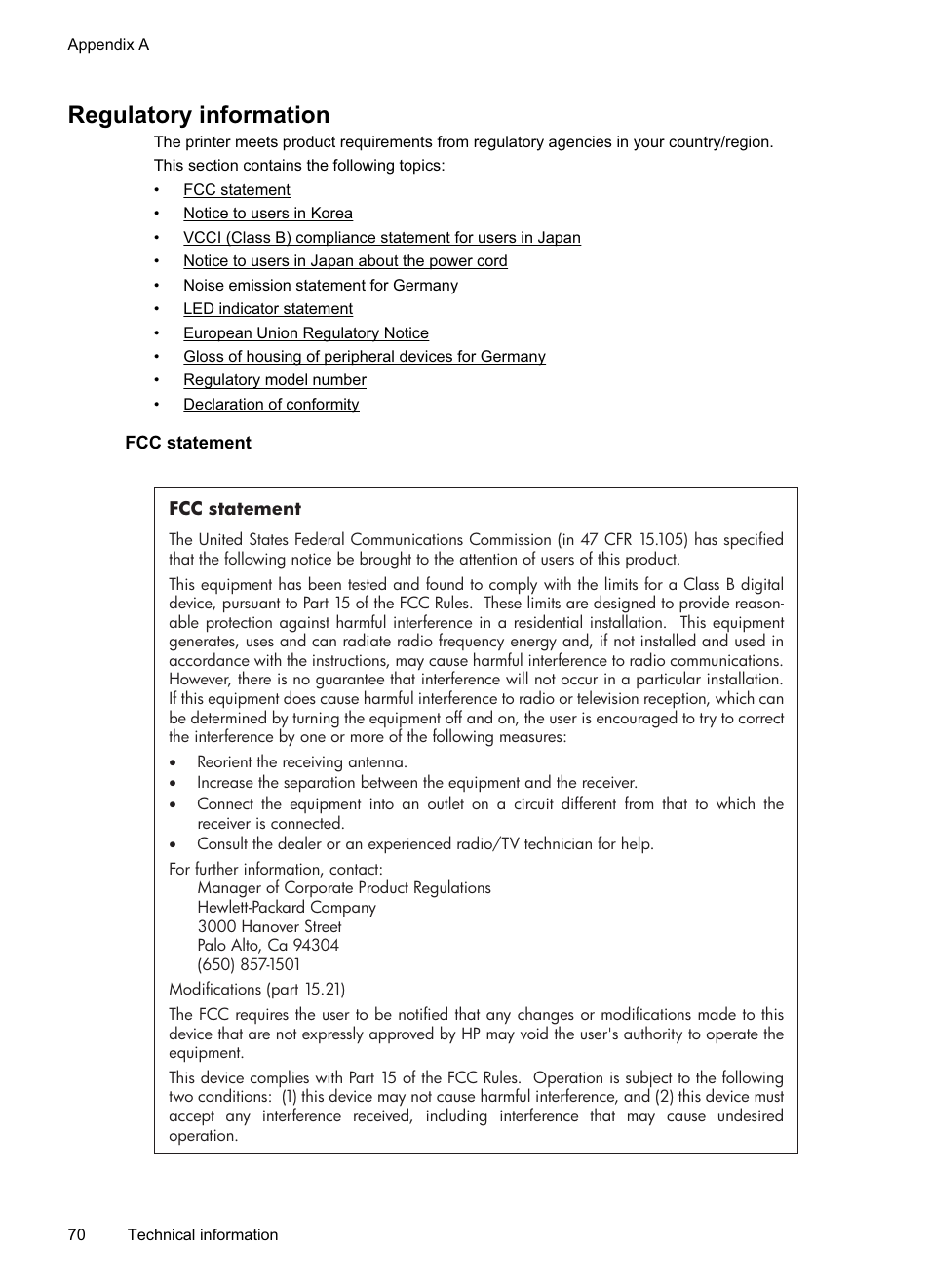 Regulatory information, Fcc statement | HP Officejet Pro 8000 - A811 User Manual | Page 74 / 110