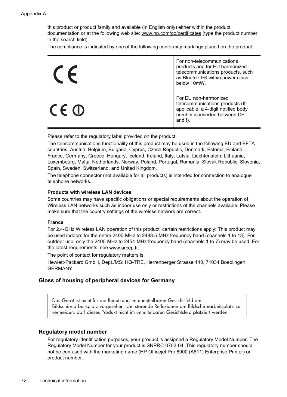 Gloss of housing of peripheral devices for germany, Regulatory model number | HP Officejet Pro 8000 - A811 User Manual | Page 76 / 110