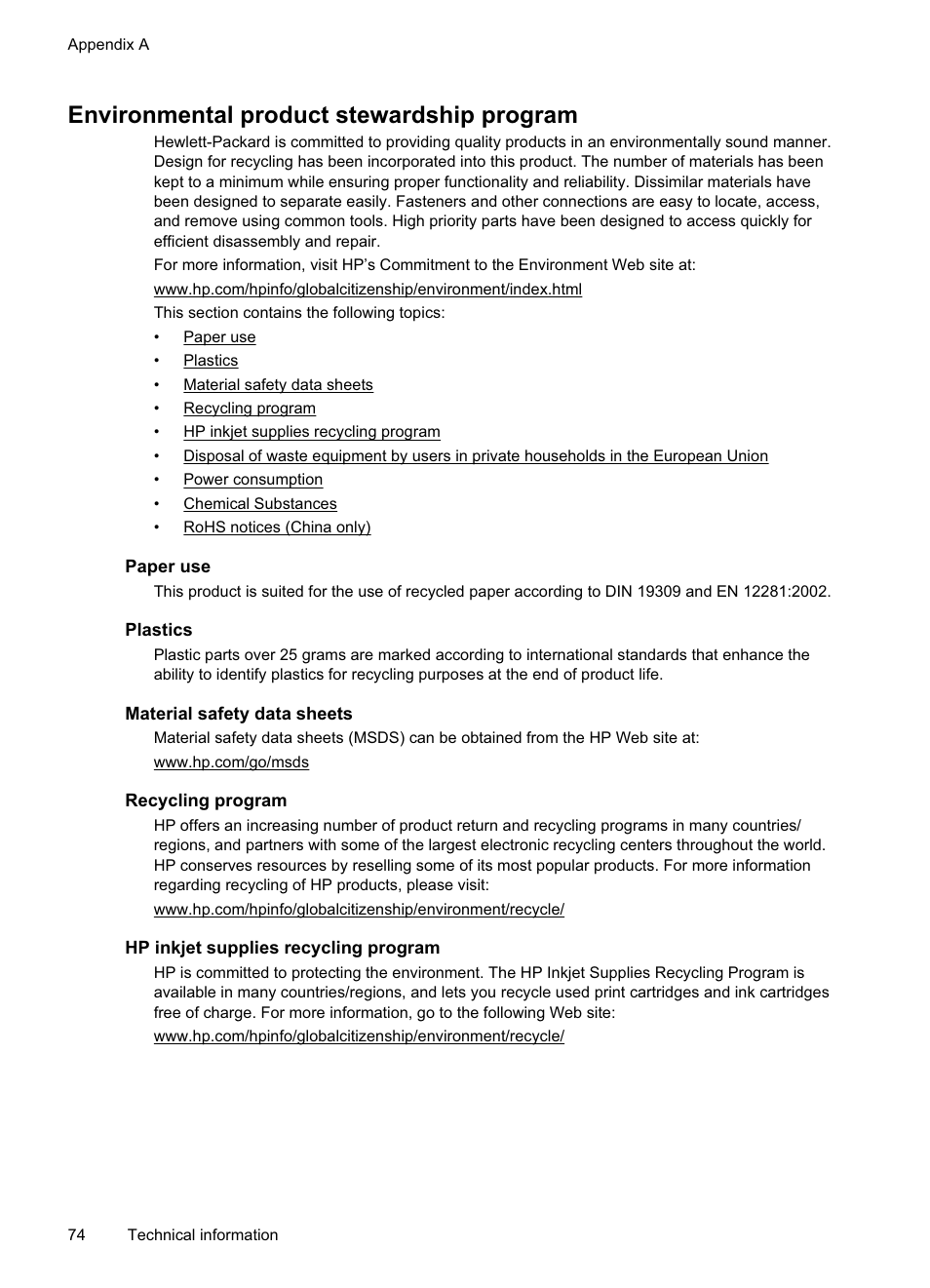 Environmental product stewardship program, Paper use, Plastics | Material safety data sheets, Recycling program, Hp inkjet supplies recycling program | HP Officejet Pro 8000 - A811 User Manual | Page 78 / 110