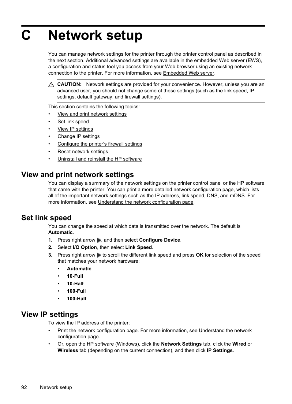 Network setup, View and print network settings, Set link speed | View ip settings, Cnetwork setup | HP Officejet Pro 8000 - A811 User Manual | Page 96 / 110