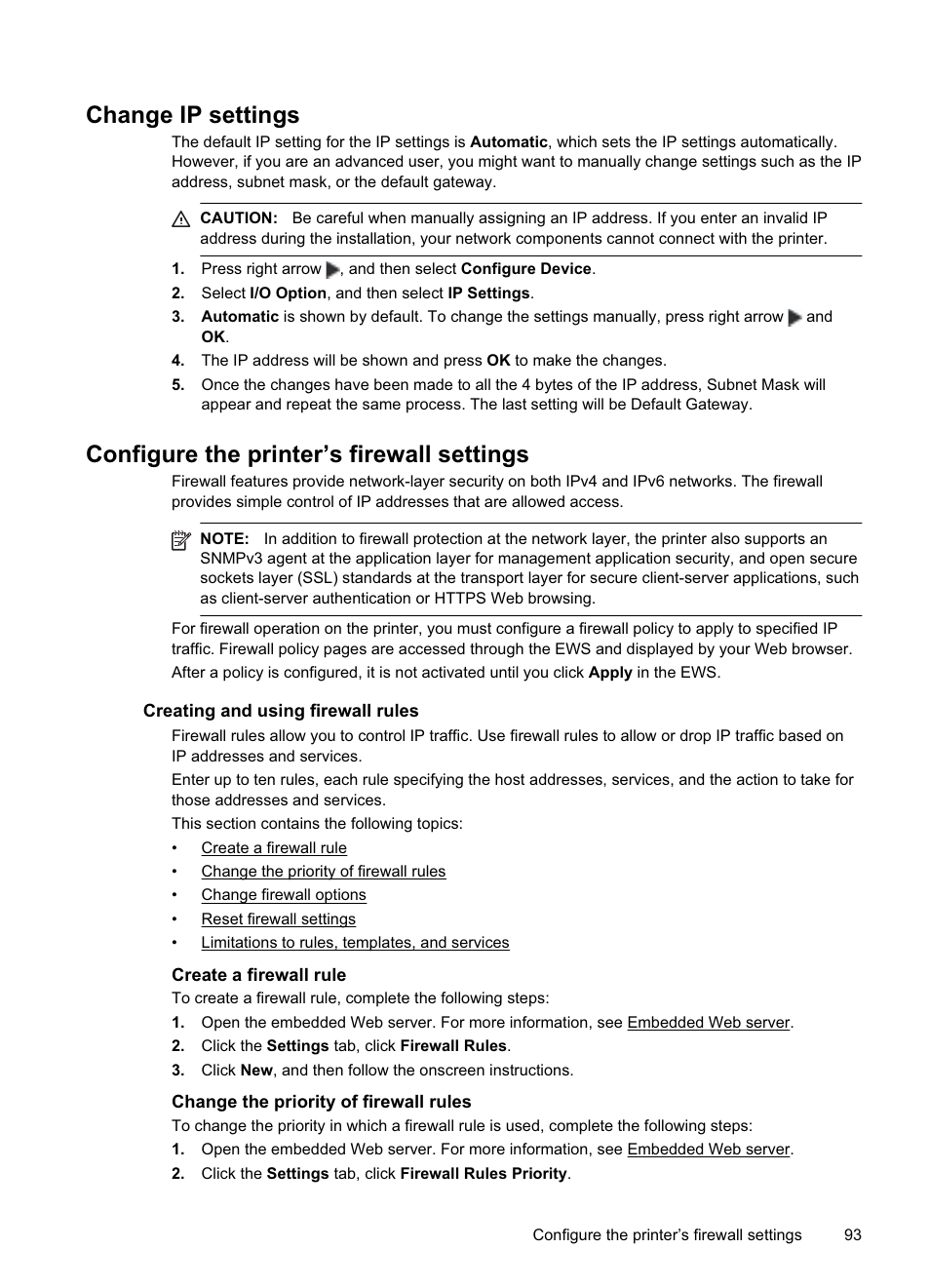 Change ip settings, Configure the printer’s firewall settings, Creating and using firewall rules | Create a firewall rule, Change the priority of firewall rules | HP Officejet Pro 8000 - A811 User Manual | Page 97 / 110