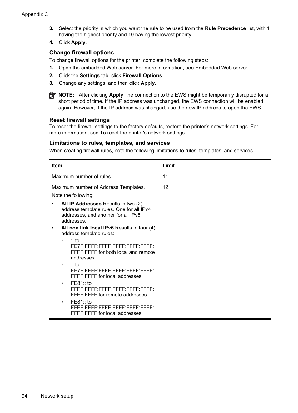 Change firewall options, Reset firewall settings, Limitations to rules, templates, and services | HP Officejet Pro 8000 - A811 User Manual | Page 98 / 110
