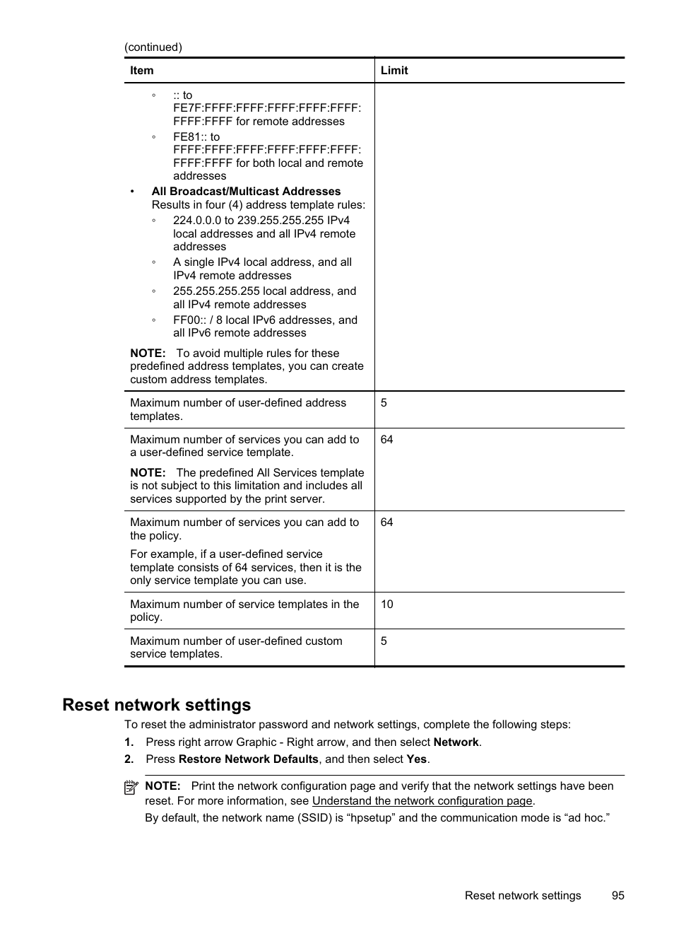 Reset network settings | HP Officejet Pro 8000 - A811 User Manual | Page 99 / 110