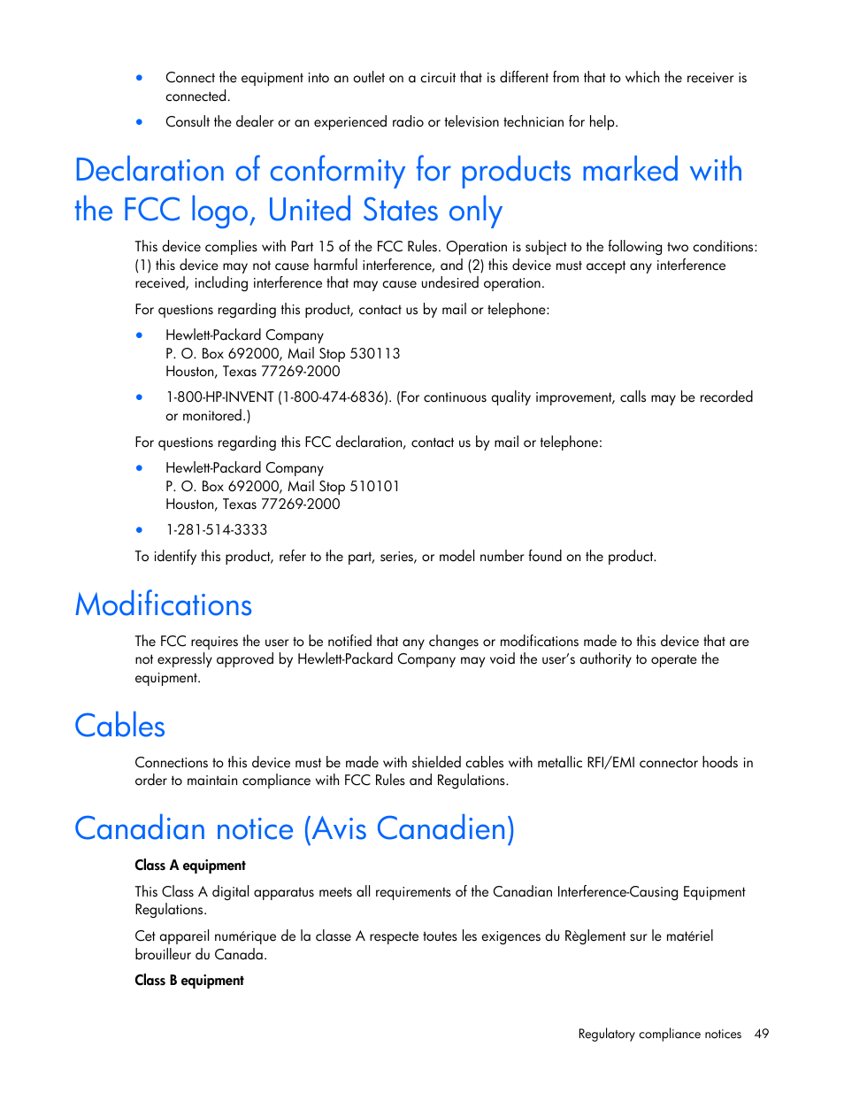 Modifications, Cables, Canadian notice (avis canadien) | HP Smart Array P800 Controller User Manual | Page 49 / 55