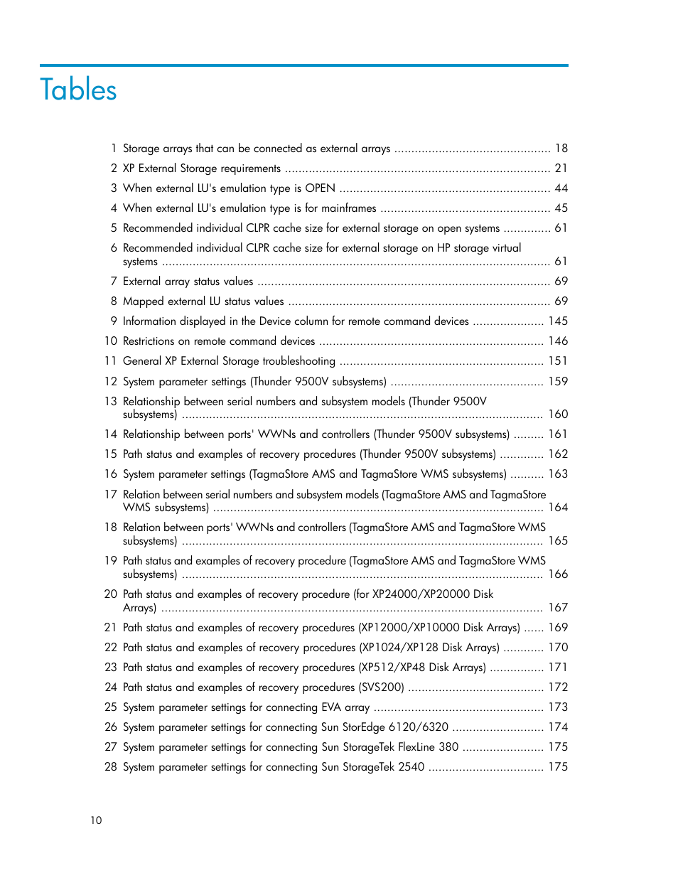 Tables | HP StorageWorks XP Remote Web Console Software User Manual | Page 10 / 192