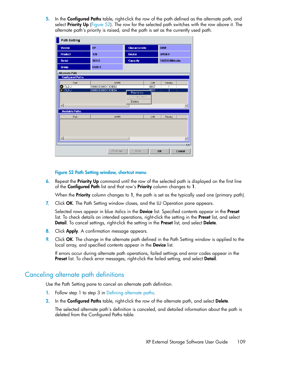 Canceling alternate path definitions, Path setting window, shortcut menu, Figure 52 | HP StorageWorks XP Remote Web Console Software User Manual | Page 109 / 192