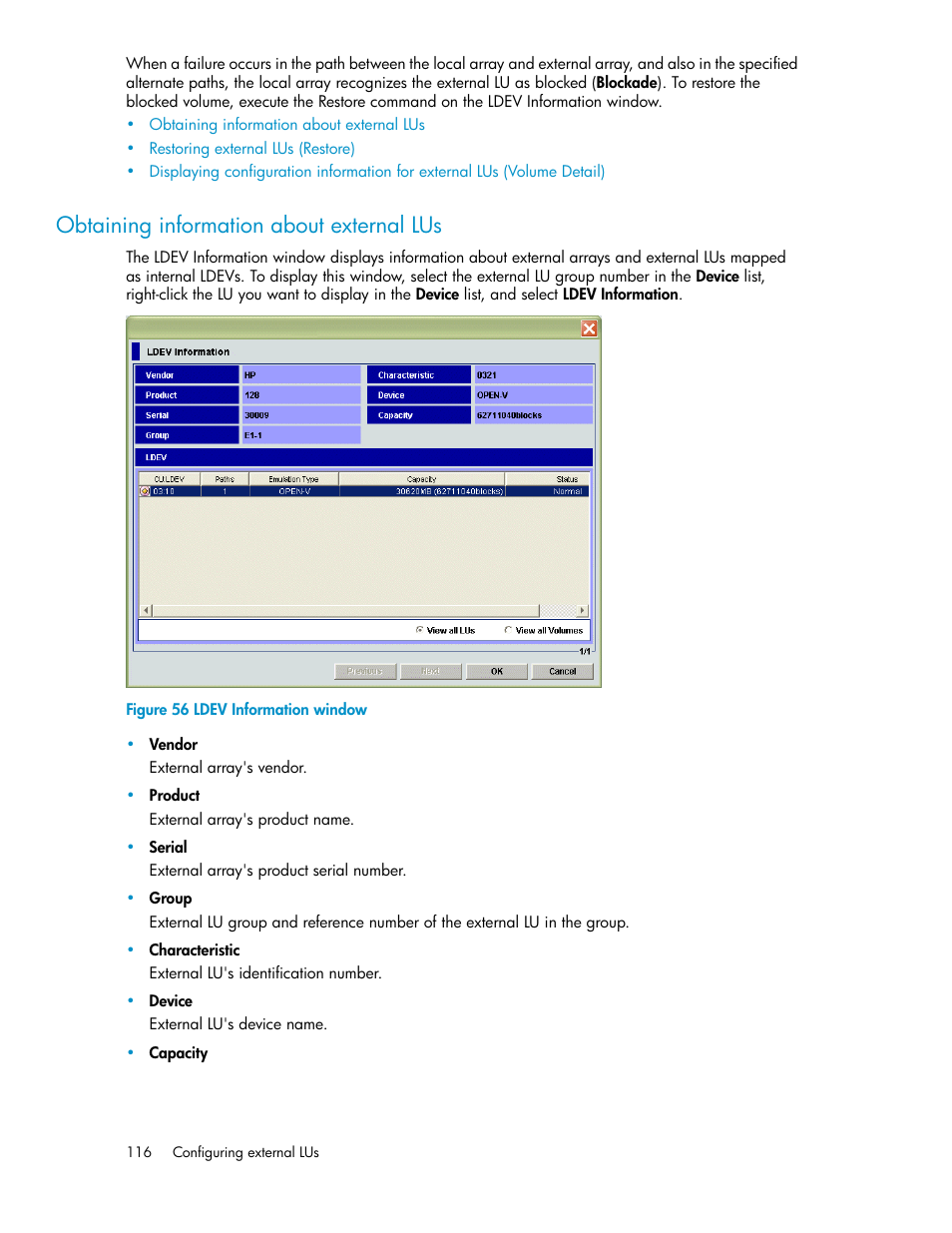 Obtaining information about external lus, Ldev information window, Figure 56 | HP StorageWorks XP Remote Web Console Software User Manual | Page 116 / 192