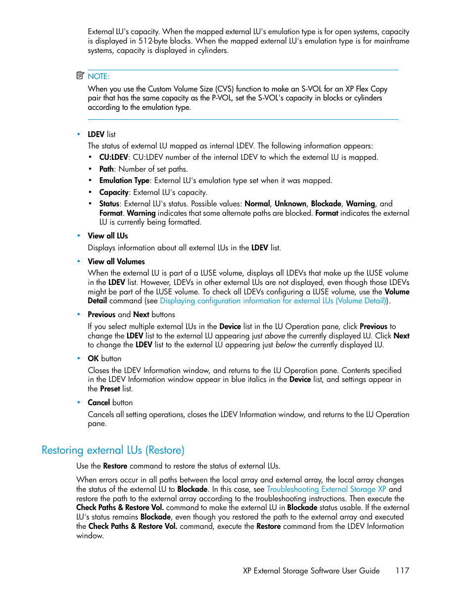 Restoring external lus (restore) | HP StorageWorks XP Remote Web Console Software User Manual | Page 117 / 192