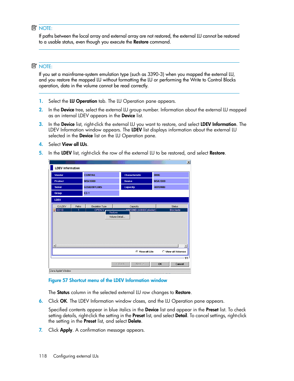 Shortcut menu of the ldev information window | HP StorageWorks XP Remote Web Console Software User Manual | Page 118 / 192