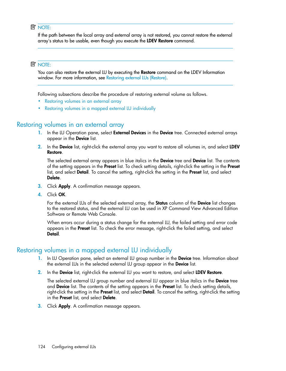 Restoring volumes in an external array | HP StorageWorks XP Remote Web Console Software User Manual | Page 124 / 192