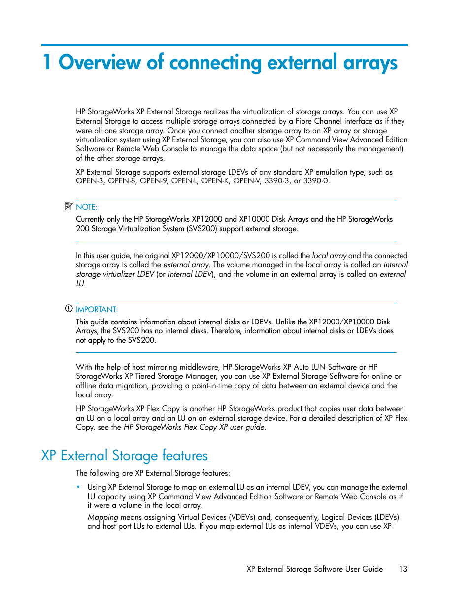 1 overview of connecting external arrays, Xp external storage features | HP StorageWorks XP Remote Web Console Software User Manual | Page 13 / 192