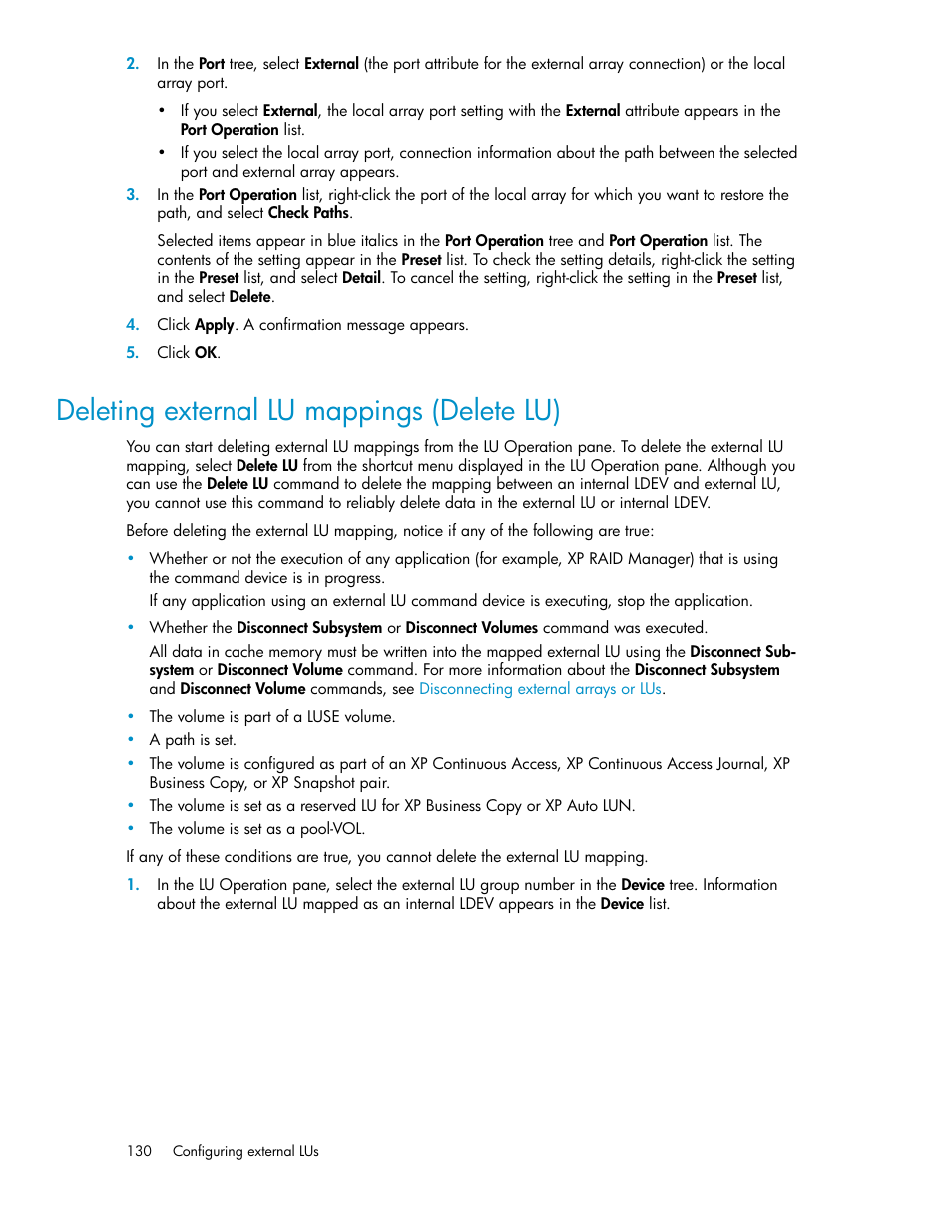 Deleting external lu mappings (delete lu) | HP StorageWorks XP Remote Web Console Software User Manual | Page 130 / 192