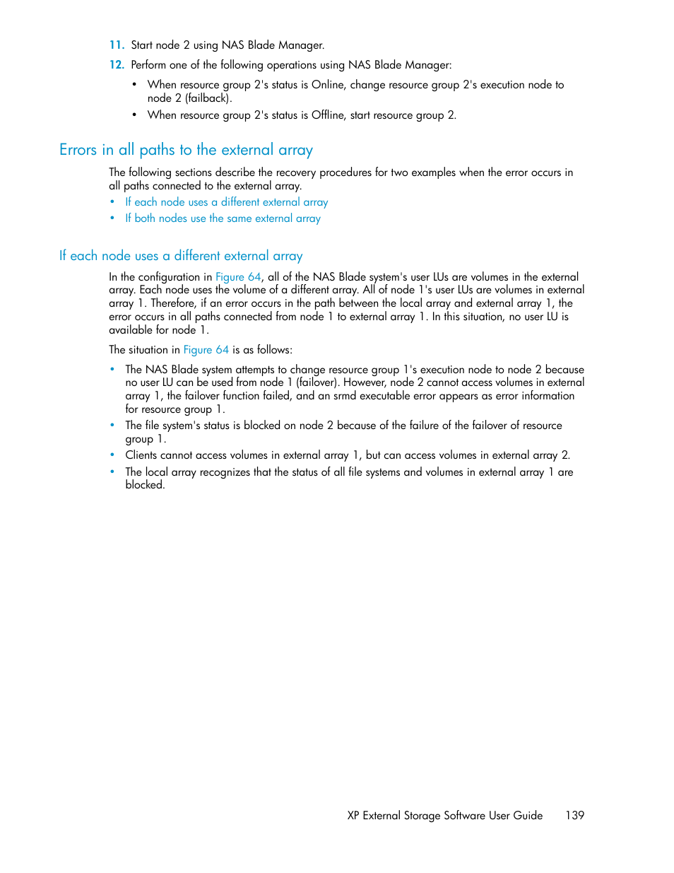 Errors in all paths to the external array, If each node uses a different external array | HP StorageWorks XP Remote Web Console Software User Manual | Page 139 / 192