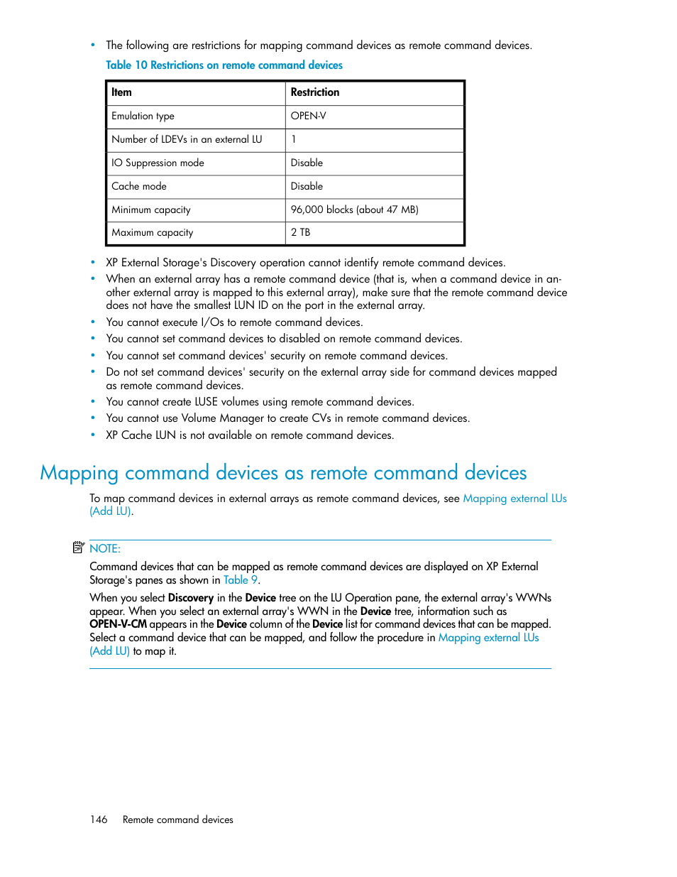 Mapping command devices as remote command devices, Restrictions on remote command devices | HP StorageWorks XP Remote Web Console Software User Manual | Page 146 / 192