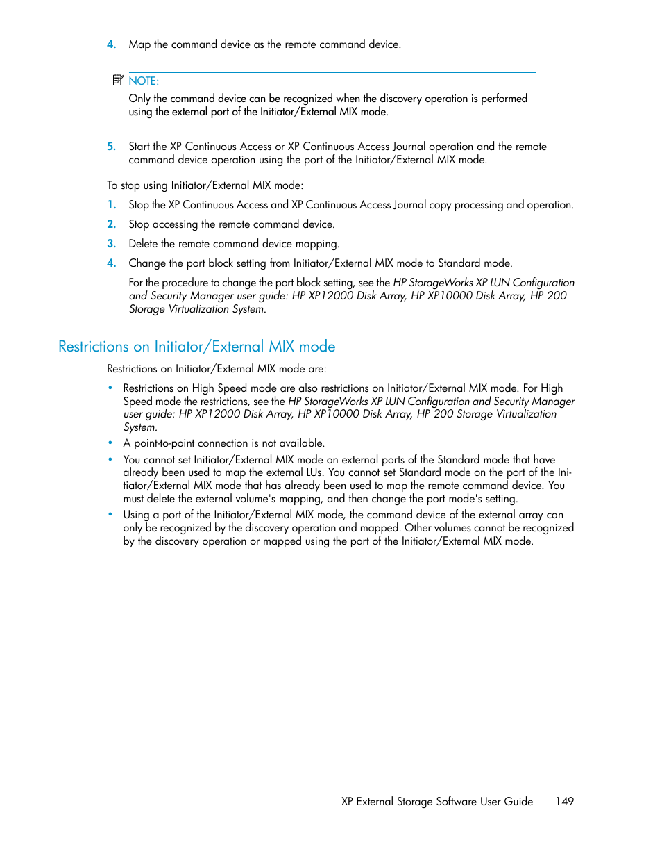 Restrictions on initiator/external mix mode | HP StorageWorks XP Remote Web Console Software User Manual | Page 149 / 192