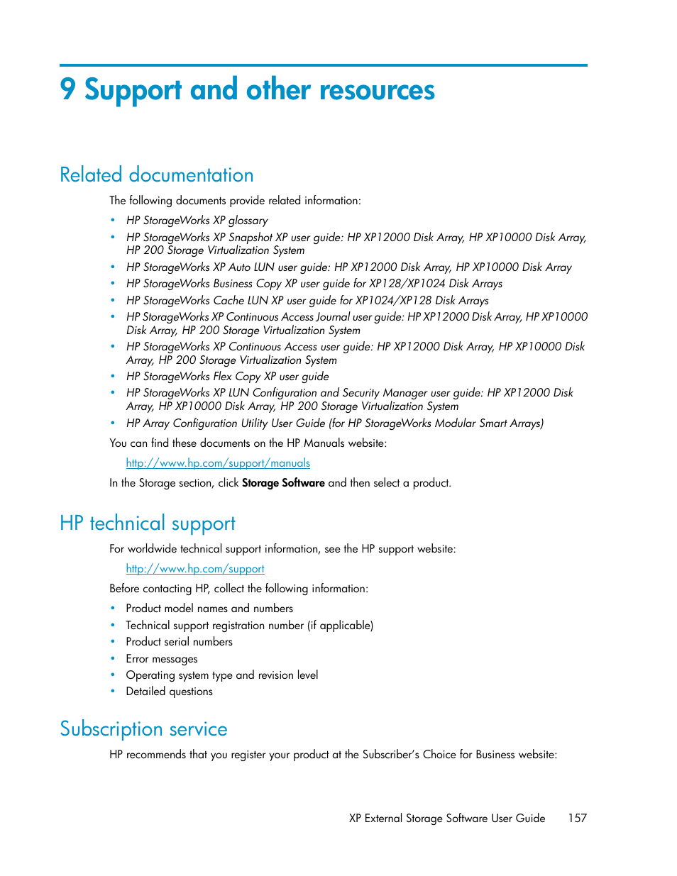 9 support and other resources, Related documentation, Hp technical support | Subscription service, 157 hp technical support, 157 subscription service | HP StorageWorks XP Remote Web Console Software User Manual | Page 157 / 192