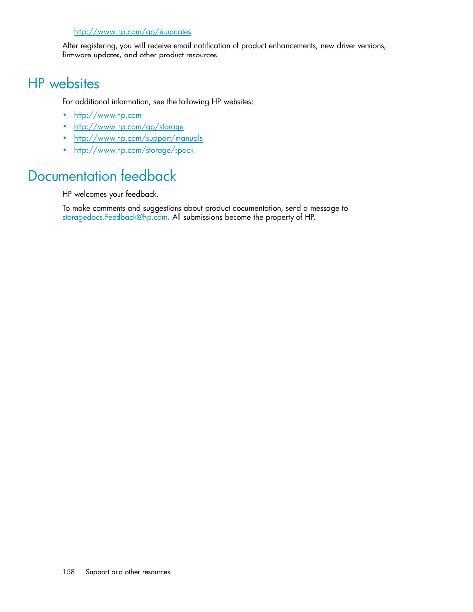 Hp websites, Documentation feedback, 158 documentation feedback | HP StorageWorks XP Remote Web Console Software User Manual | Page 158 / 192