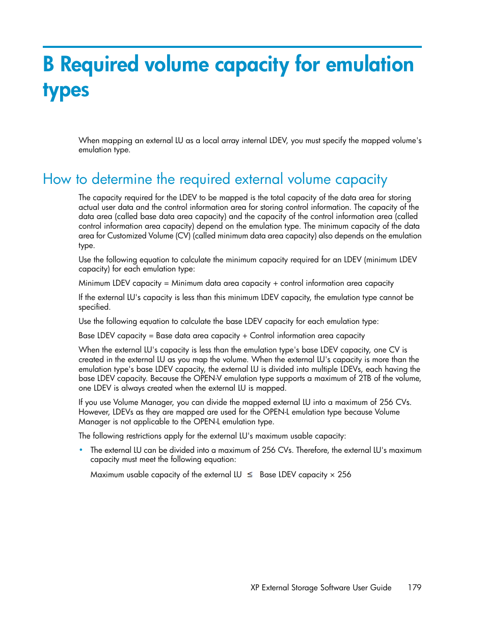B required volume capacity for emulation types, Appendix b | HP StorageWorks XP Remote Web Console Software User Manual | Page 179 / 192