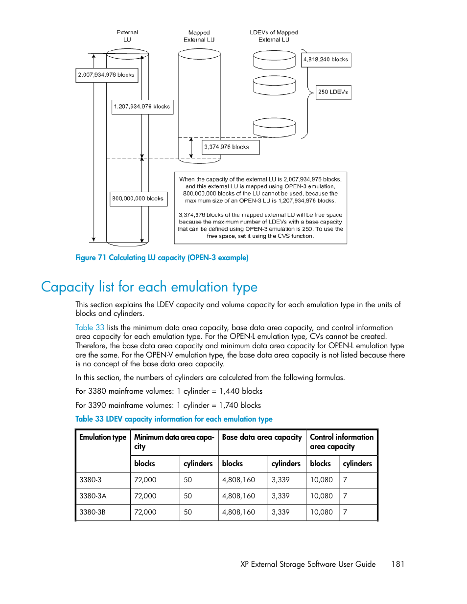 Capacity list for each emulation type, Calculating lu capacity (open-3 example), Ldev capacity information for each emulation type | HP StorageWorks XP Remote Web Console Software User Manual | Page 181 / 192