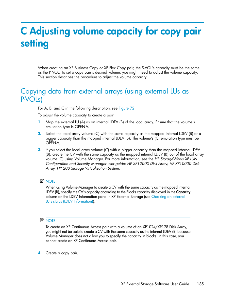 C adjusting volume capacity for copy pair setting | HP StorageWorks XP Remote Web Console Software User Manual | Page 185 / 192