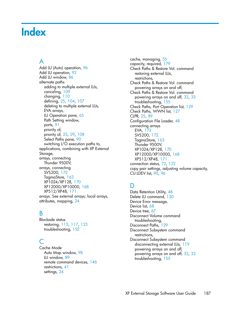 Index | HP StorageWorks XP Remote Web Console Software User Manual | Page 187 / 192