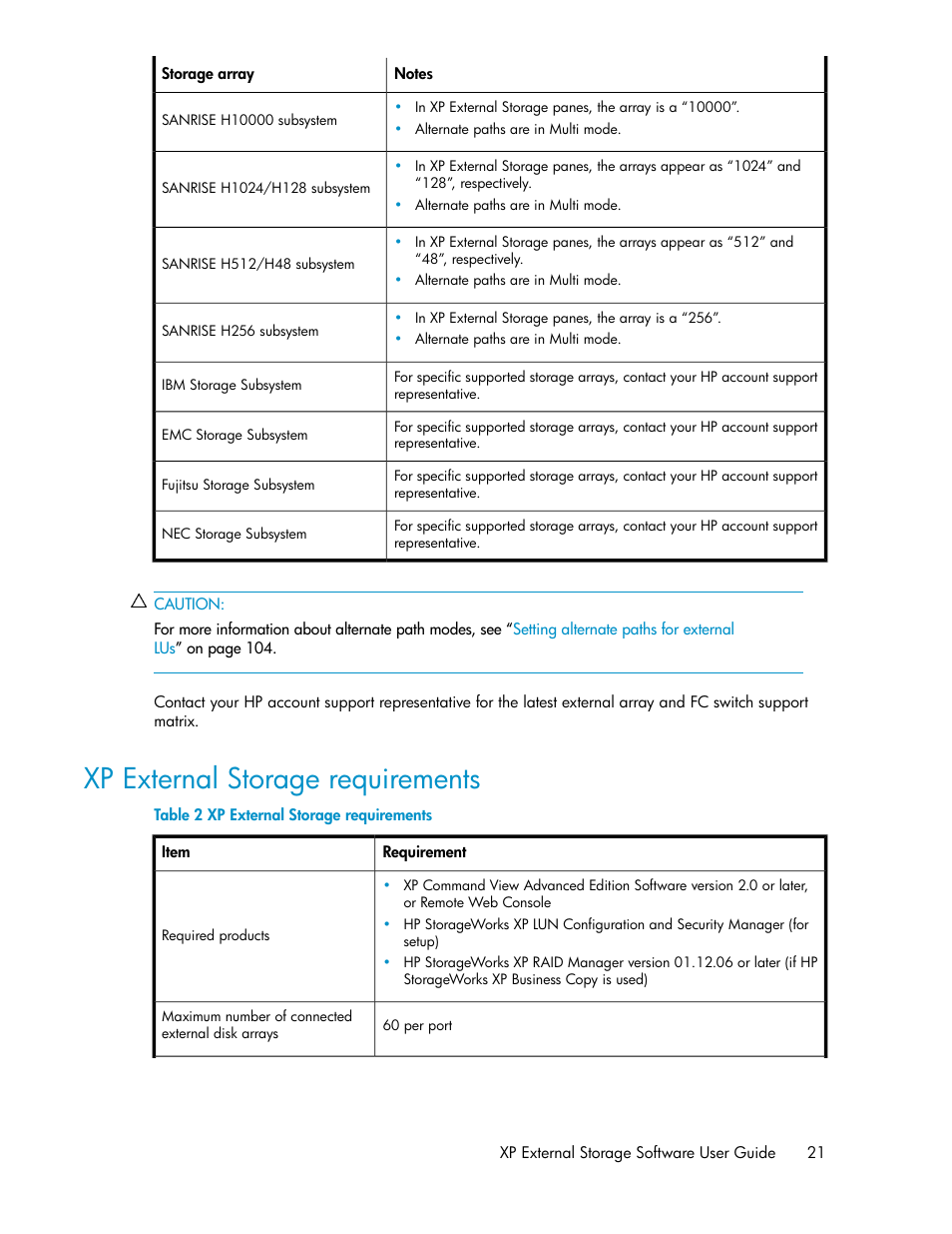 Xp external storage requirements, External storage xp requirements | HP StorageWorks XP Remote Web Console Software User Manual | Page 21 / 192