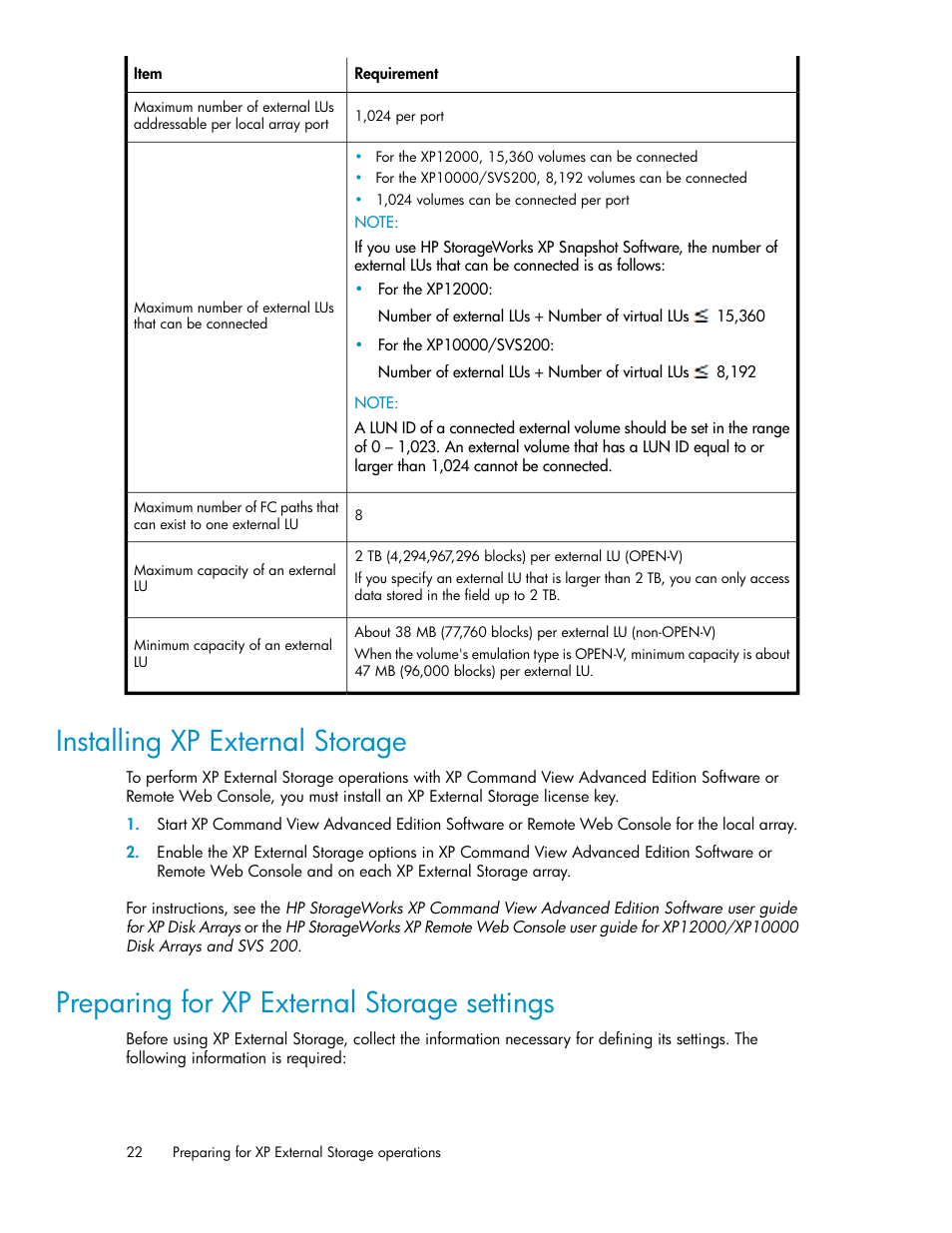 Installing xp external storage, Preparing for xp external storage settings, 22 preparing for xp external storage settings | Installing external storage xp, Preparing for external storage xp settings | HP StorageWorks XP Remote Web Console Software User Manual | Page 22 / 192