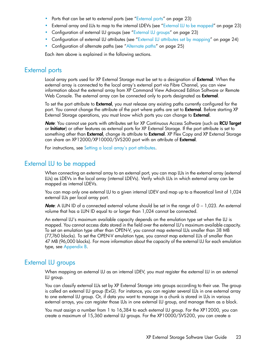 External ports, External lu to be mapped, External lu groups | 23 external lu to be mapped, 23 external lu groups | HP StorageWorks XP Remote Web Console Software User Manual | Page 23 / 192
