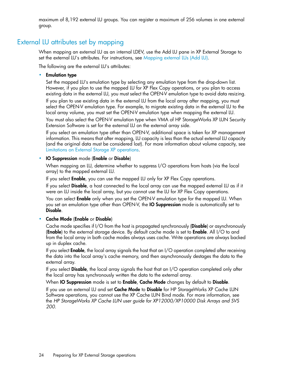 External lu attributes set by mapping | HP StorageWorks XP Remote Web Console Software User Manual | Page 24 / 192