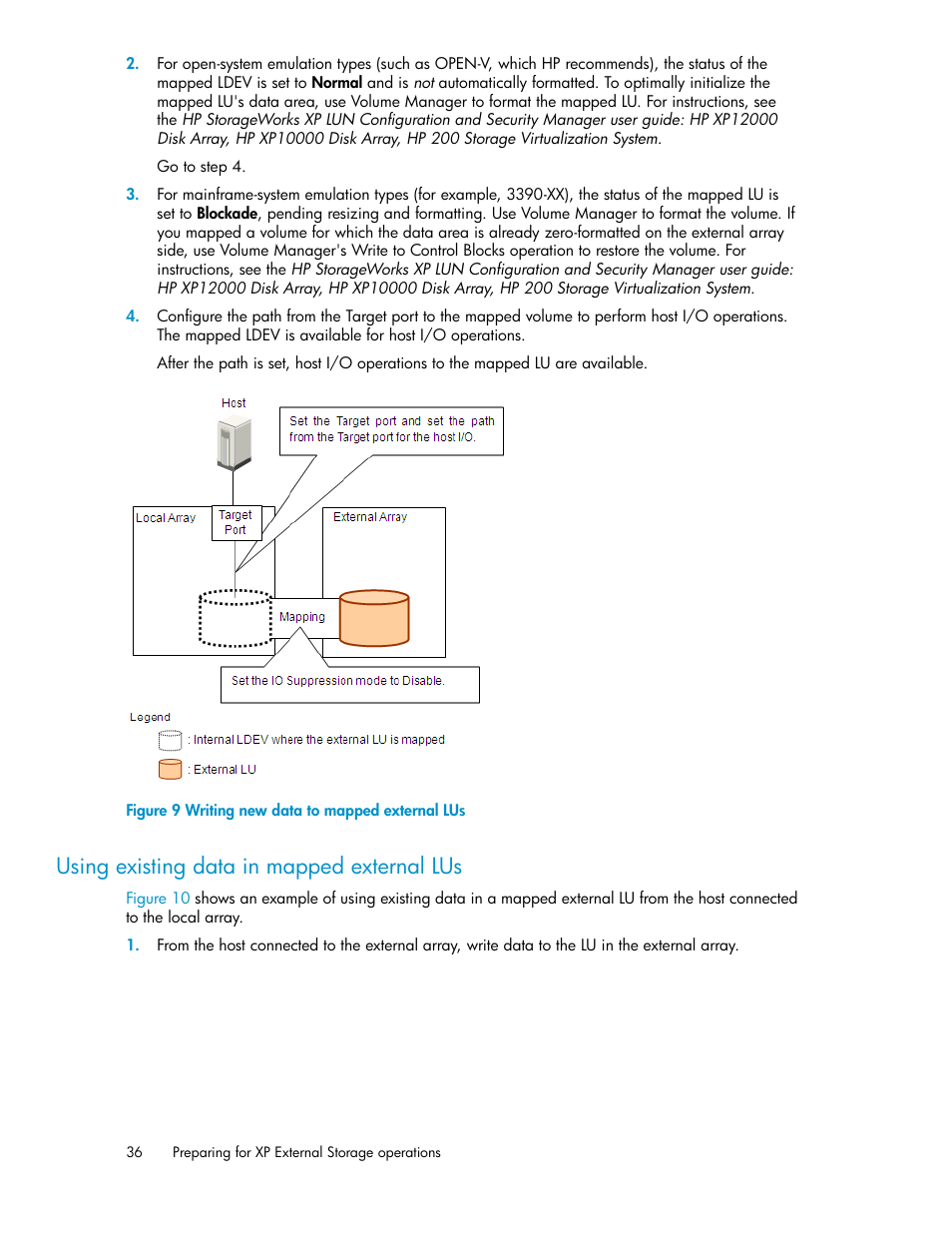 Using existing data in mapped external lus, Writing new data to mapped external lus, Figure 9 | HP StorageWorks XP Remote Web Console Software User Manual | Page 36 / 192
