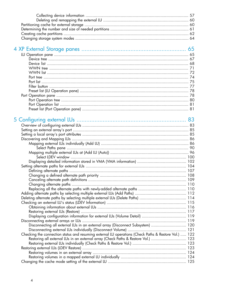 4 xp external storage panes, 5 configuring external lus | HP StorageWorks XP Remote Web Console Software User Manual | Page 4 / 192