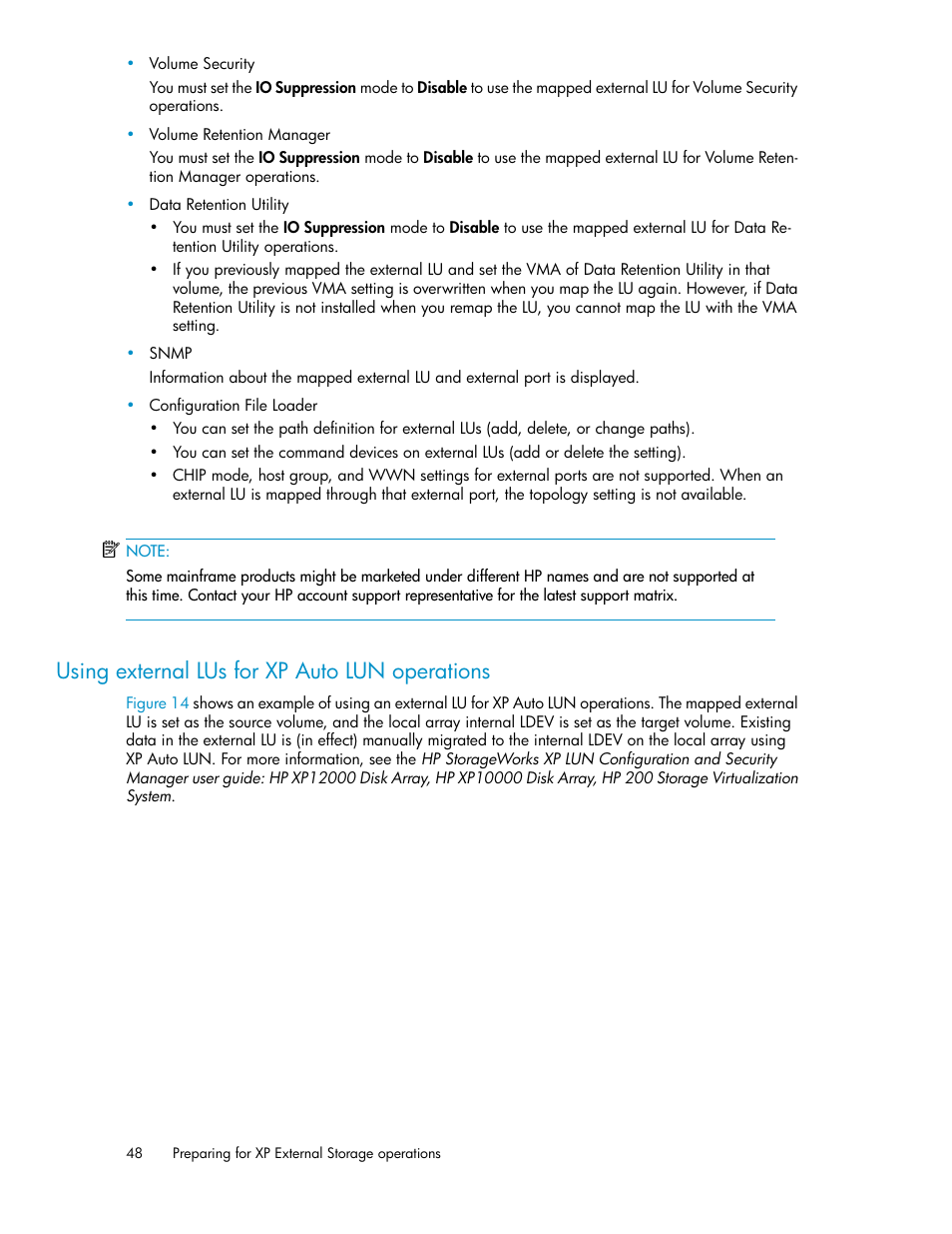 Using external lus for xp auto lun operations, Using external lus for auto lun xp operations, Using external lus for auto lun xp | Operations | HP StorageWorks XP Remote Web Console Software User Manual | Page 48 / 192