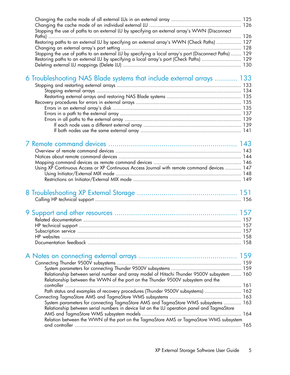 7 remote command devices, 8 troubleshooting xp external storage, 9 support and other resources | HP StorageWorks XP Remote Web Console Software User Manual | Page 5 / 192