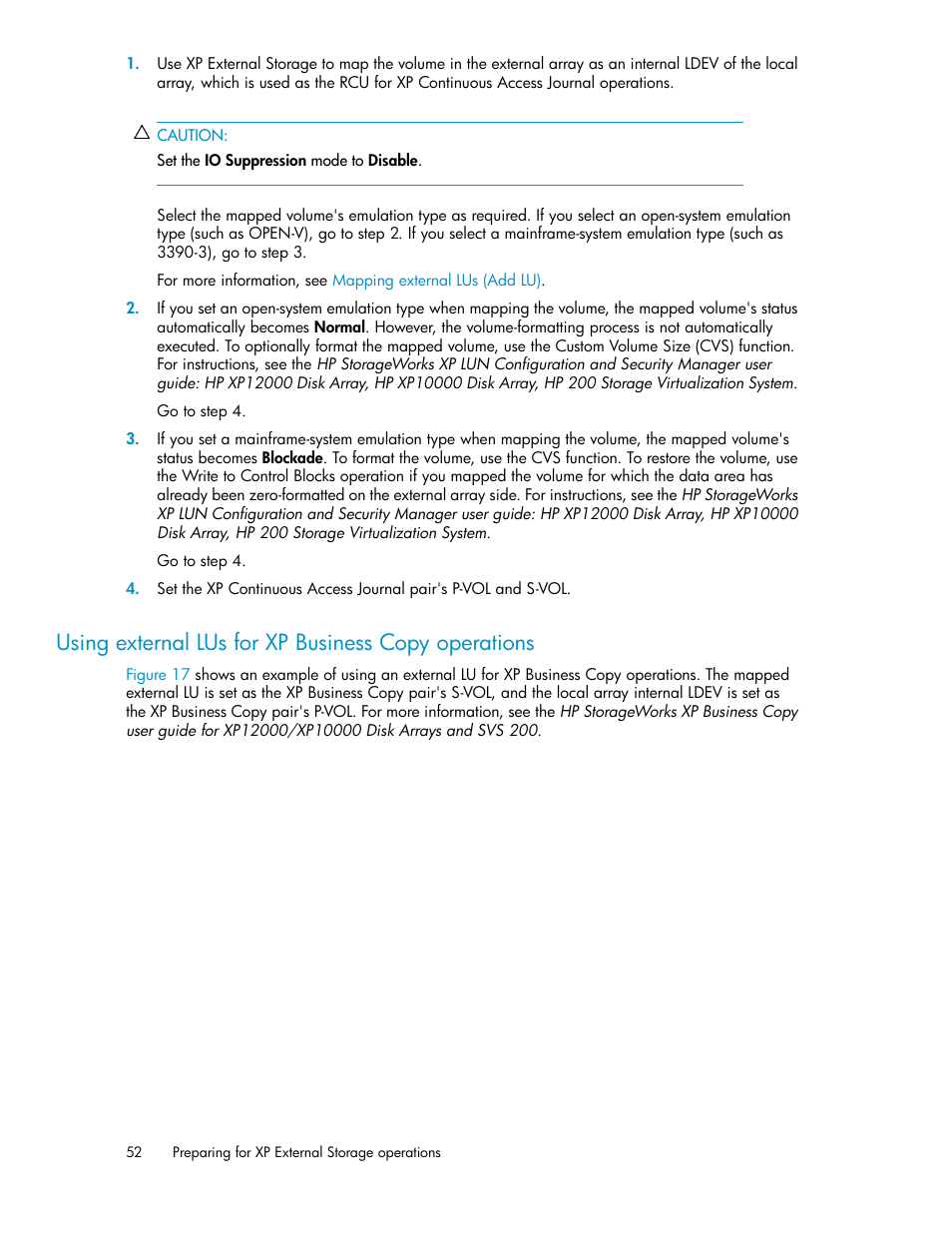 Using external lus for xp business copy operations, Using external lus for business copy xp operations, Using external lus for | Business copy xp operations | HP StorageWorks XP Remote Web Console Software User Manual | Page 52 / 192