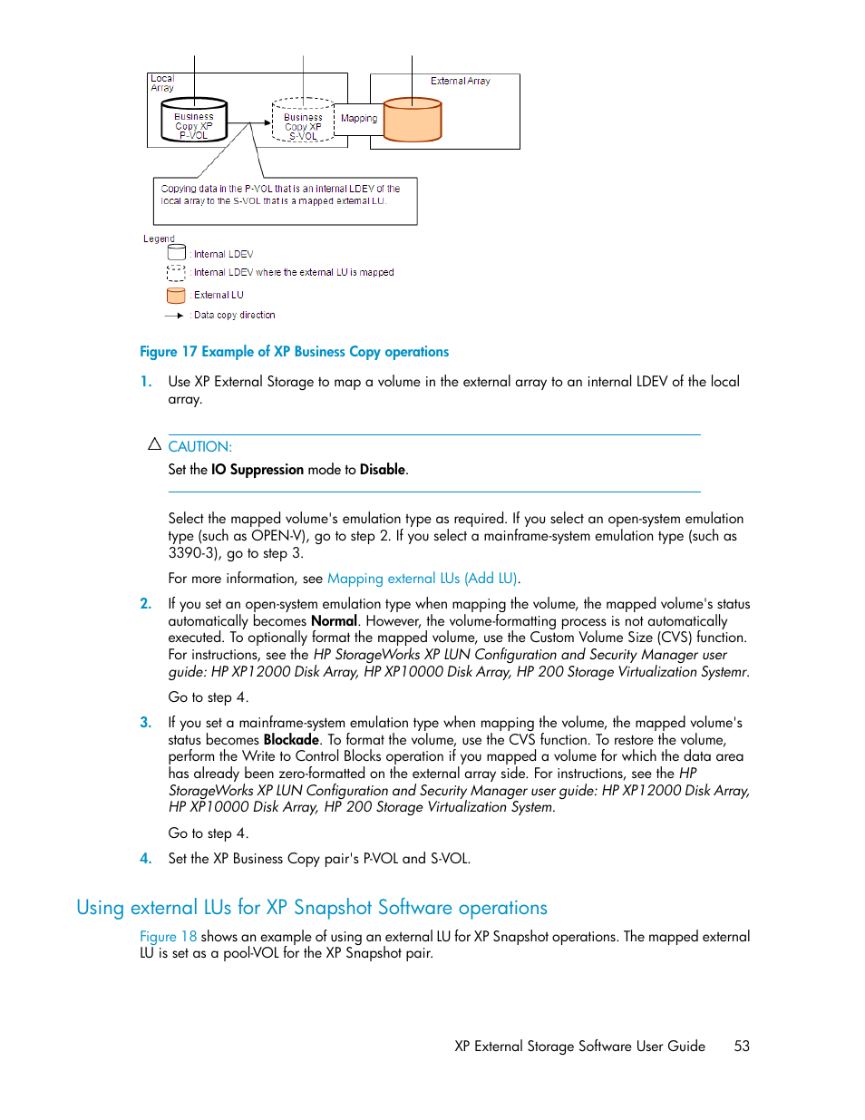 Example of xp business copy operations, Using external lus for snapshot xp operations, Using external lus for snapshot xp | Operations | HP StorageWorks XP Remote Web Console Software User Manual | Page 53 / 192