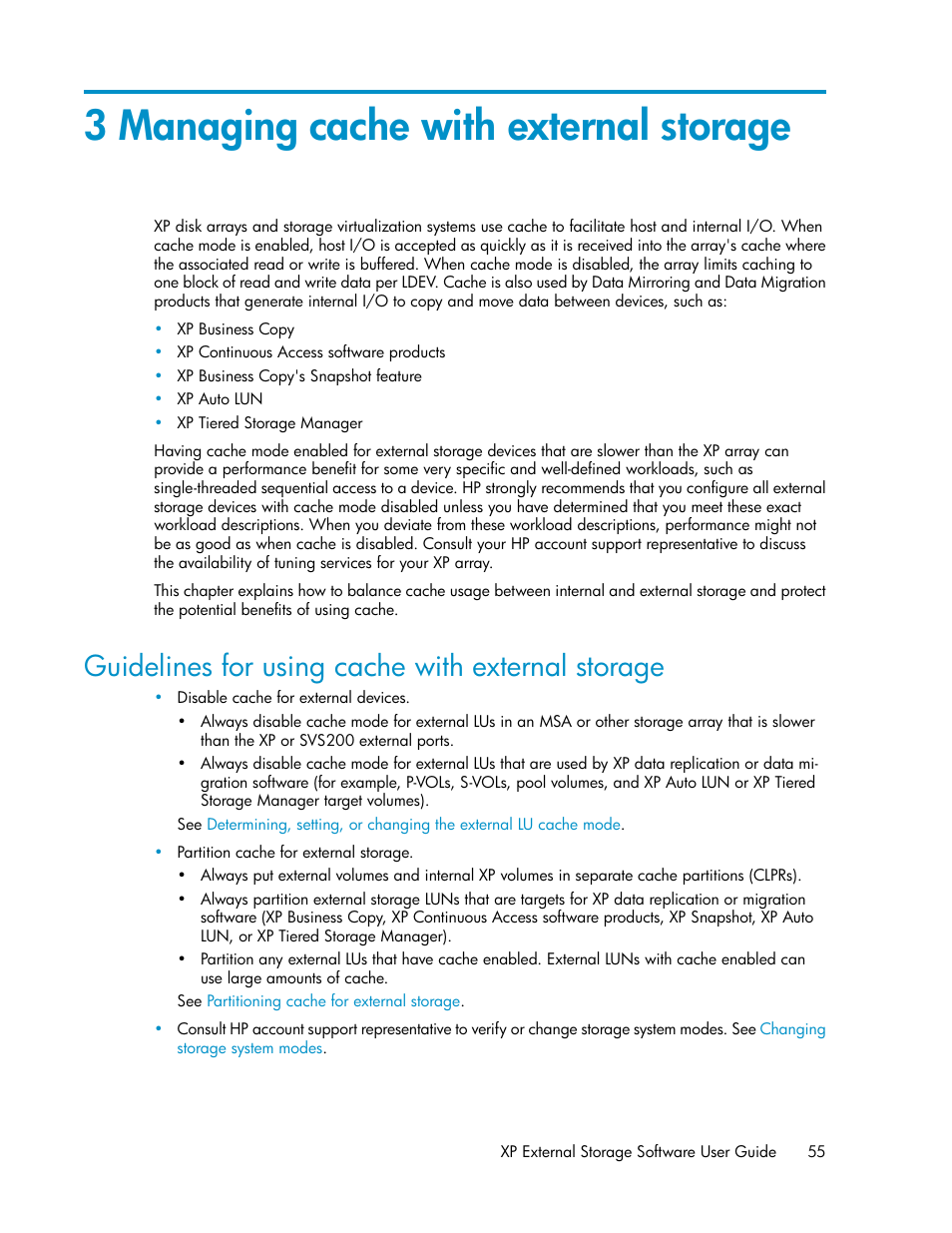 3 managing cache with external storage, Guidelines for using cache with external storage, Managing cache with external | Storage | HP StorageWorks XP Remote Web Console Software User Manual | Page 55 / 192