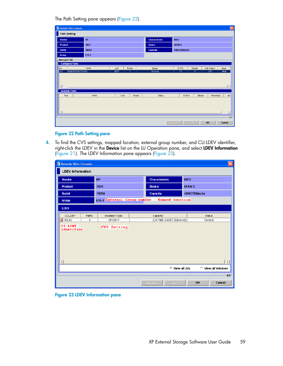 Path setting pane, Ldev information pane | HP StorageWorks XP Remote Web Console Software User Manual | Page 59 / 192